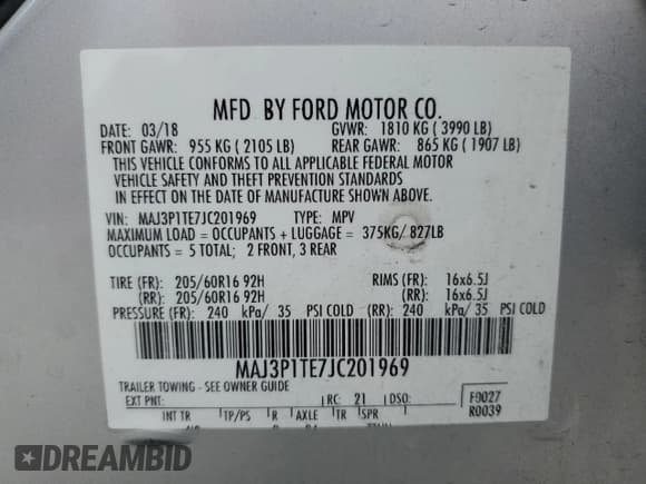 ✅ 2018 Ford EcoSport SE • VIN: MAJ3P1TE7JC201969 • Lot: 90245715. Listed on Copart with 92,720 mi. Free auction sales archive from the USA and detailed vehicle history report at DreamBid. Image 13.