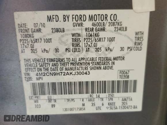 2010 Mercury Mariner Premier с VIN 4M2CN9H72AKJ30043, выставлен на аукционе Copart как лот 71597515 с пробегом 181 857 миль миль и Списание • Salvage title. История ставок и продаж доступна на DreamBid. Изображение 13.