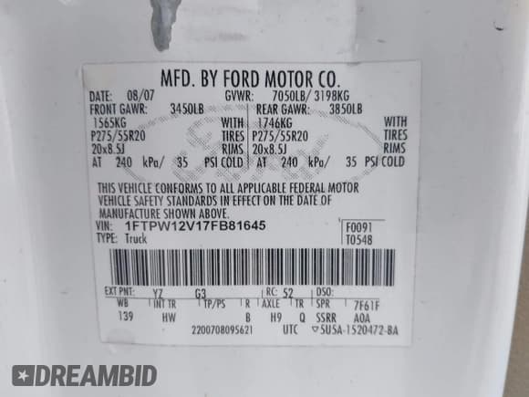 ✅ 2007 Ford F-150 XLT • VIN: 1FTPW12V17FB81645 • Лот: 43708051. Опубликован ранее на IAAI с пробегом 262 819 миль. Бесплатный доступ к архиву аукционных продаж из США и подробный отчёт об истории автомобиля на DreamBid. Изображение 9.