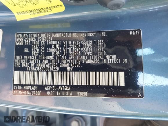 ✅ 2012 Toyota Venza LE • VIN: 4T3BA3BB0CU030220 • Lot: 43740590. Listed on IAAI with 133,466 mi. Free auction sales archive from the USA and detailed vehicle history report at DreamBid. Image 9.