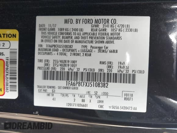 ✅ 2018 Ford Mustang GT • VIN: 1FA6P8CFXJ5108382 • Lot: 42671940. Listed on IAAI with 56,615 mi. Free auction sales archive from the USA and detailed vehicle history report at DreamBid. Image 9.