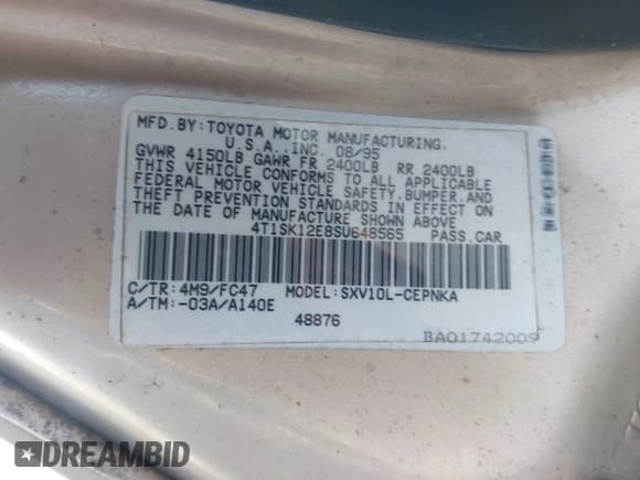 ✅ 1995 Toyota Camry LE • VIN: 4T1SK12E8SU648565 • Lot: 42715929. Wystawiony na IAAI z przebiegiem 230 782 mil. Bezpłatny archiwum sprzedaży aukcyjnych z USA i szczegółowy raport historii pojazdu na DreamBid. Zdjęcie 9.