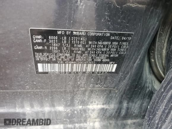 ✅ 2019 Subaru Ascent Premium • VIN: 4S4WMACD0K3472652 • Lot: 84623115. Listed on Copart with 136,138 mi. Free auction sales archive from the USA and detailed vehicle history report at DreamBid. Image 13.