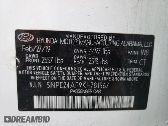 ✅ 2019 Hyundai Sonata SE • VIN: 5NPE24AF9KH781567 • Lot: 42232913. Listed on Copart with 34,154 mi. Free auction sales archive from the USA and detailed vehicle history report at DreamBid. Image 12.