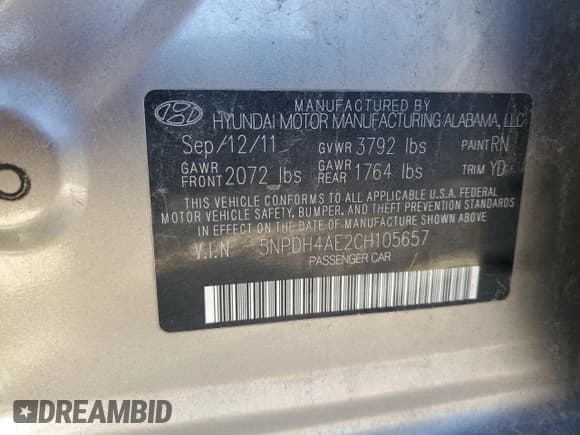 ✅ 2012 Hyundai Elantra Limited • VIN: 5NPDH4AE2CH105657 • Lot: 85883305. Listed on Copart with Not provided. Free auction sales archive from the USA and detailed vehicle history report at DreamBid. Image 12.