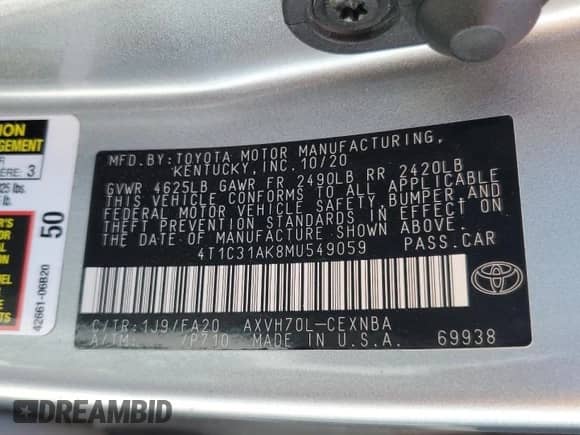 2021 Toyota Camry Hybrid LE with VIN 4T1C31AK8MU549059, listed as a Copart auction lot 71496045 with 84,184 mi miles and Salvage title. Bid and sale history available at DreamBid. Image 12.