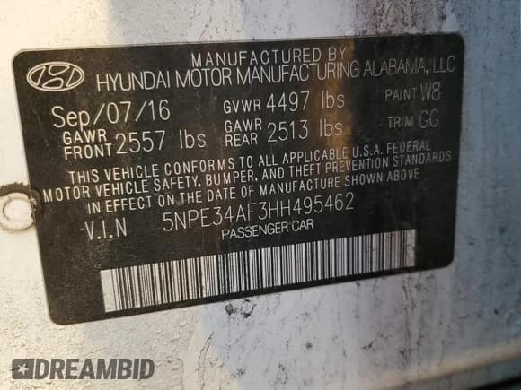 ✅ 2017 Hyundai Sonata Sport • VIN: 5NPE34AF3HH495462 • Lot: 73635782. Listed on Copart with 52,765 mi. Free auction sales archive from the USA and detailed vehicle history report at DreamBid. Image 12.