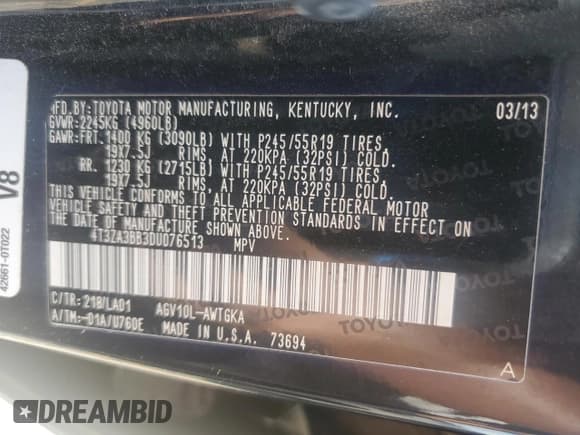 ✅ 2013 Toyota Venza LE • VIN: 4T3ZA3BB3DU076513 • Lot: 84743765. Listed on Copart with Not provided. Free auction sales archive from the USA and detailed vehicle history report at DreamBid. Image 13.