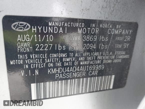 ✅ 2010 Hyundai Elantra GLS • VIN: KMHDU4AD4AU169989 • Lot: 42383068. Listed on IAAI with 123,324 mi. Free auction sales archive from the USA and detailed vehicle history report at DreamBid. Image 9.