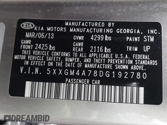 ✅ 2013 Kia Optima LX • VIN: 5XXGM4A78DG192780 • Lot: 43742633. Listed on IAAI with 130,212 mi. Free auction sales archive from the USA and detailed vehicle history report at DreamBid. Image 9.