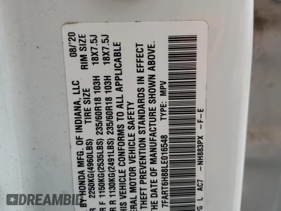 ✅ 2020 Honda CR-V EX-L • VIN: 7FART6H88LE016548 • Lot: 58859165. Listed on Copart with 61,668 mi. Free auction sales archive from the USA and detailed vehicle history report at DreamBid. Image 13.