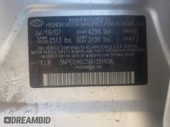 ✅ 2008 Hyundai Sonata SE • VIN: 5NPEU46C58H351696 • Lot: 67758594. Listed on Copart with 63,394 mi miles. Access the free auction sales archive from the USA and view a detailed vehicle history report at DreamBid. Image 12.