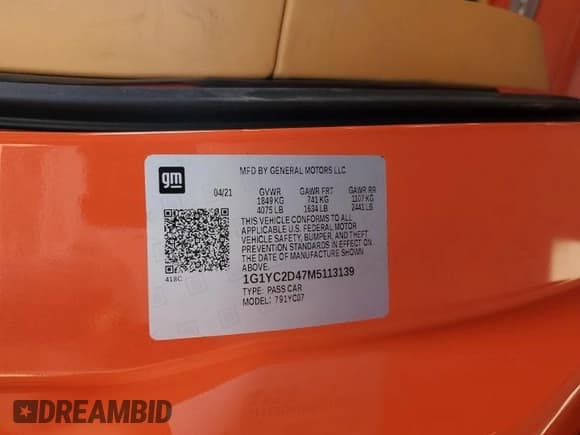 ✅ 2021 Chevrolet Corvette 3LT • VIN: 1G1YC2D47M5113139 • Lot: 63299815. Listed on Copart with 9,688 mi. Free auction sales archive from the USA and detailed vehicle history report at DreamBid. Image 13.