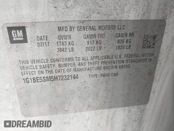 ✅ 2017 Chevrolet Cruze LT • VIN: 1G1BE5SM5H7232144 • Lot: 43416459. Listed on IAAI with 115,123 mi. Free auction sales archive from the USA and detailed vehicle history report at DreamBid. Image 9.