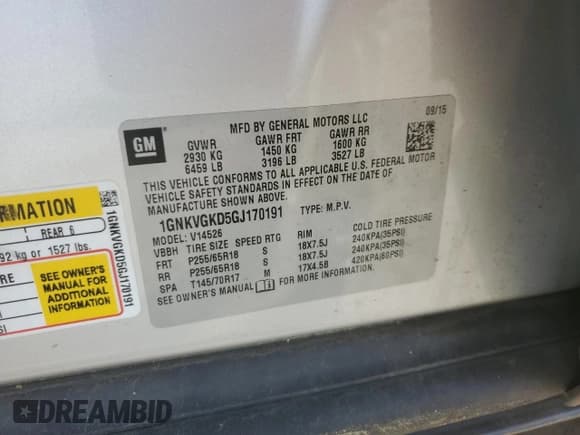 ✅ 2016 Chevrolet Traverse LT • VIN: 1GNKVGKD5GJ170191 • Лот: 85310465. Опубликован ранее на Copart с пробегом 135 519 миль. Бесплатный доступ к архиву аукционных продаж из США и подробный отчёт об истории автомобиля на DreamBid. Изображение 13.