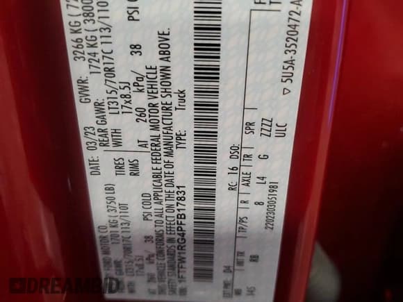 ✅ 2023 Ford F-150 Raptor • VIN: 1FTFW1RG4PFB17831 • Lot: 80867255. Listed on Copart with 35,210 mi. Free auction sales archive from the USA and detailed vehicle history report at DreamBid. Image 12.