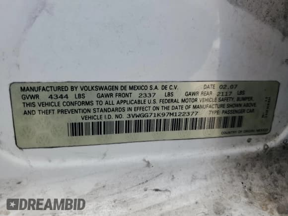 ✅ 2007 Volkswagen Jetta • VIN: 3VWGG71K97M122377 • Лот: 63618165. Опубликован ранее на Copart с пробегом 289 800 миль. Бесплатный доступ к архиву аукционных продаж из США и подробный отчёт об истории автомобиля на DreamBid. Изображение 13.