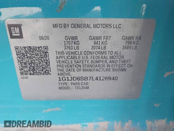 2020 Chevrolet Sonic LT с VIN 1G1JD6SB7L4126940, выставлен на аукционе IAAI как лот 42723410 с пробегом 81 586 миль миль и . История ставок и продаж доступна на DreamBid. Изображение 9.