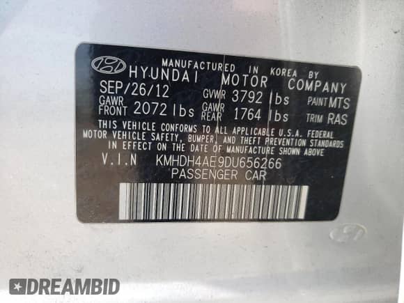2013 Hyundai Elantra Limited с VIN KMHDH4AE9DU656266, выставлен на аукционе Copart как лот 82092205 с пробегом 320 308 миль миль и Списание • Salvage title. История ставок и продаж доступна на DreamBid. Изображение 13.