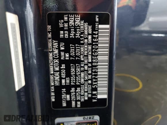 ✅ 2014 Hyundai Santa Fe • VIN: 5XYZT3LB8EG201644 • Лот: 62874695. Опубликован ранее на Copart с пробегом 159 121 миль. Бесплатный доступ к архиву аукционных продаж из США и подробный отчёт об истории автомобиля на DreamBid. Изображение 13.