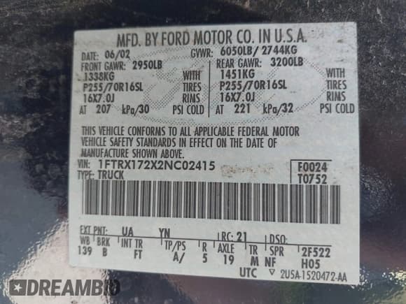 ✅ 2002 Ford F-150 XL • VIN: 1FTRX172X2NC02415 • Lot: 42949722. Listed on IAAI with Not provided. Free auction sales archive from the USA and detailed vehicle history report at DreamBid. Image 9.