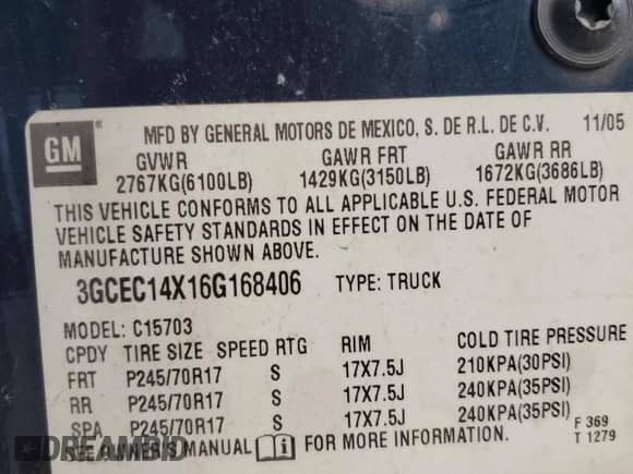 2006 Chevrolet Silverado 1500 Work Truck with VIN 3GCEC14X16G168406, listed as a Copart auction lot 71826214 with Not provided miles and Salvage title. Bid and sale history available at DreamBid. Image 12.