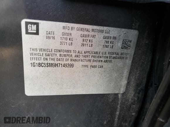 ✅ 2017 Chevrolet Cruze LS • VIN: 1G1BC5SM9H7149399 • Lot: 65069692. Listed on Copart with 135,395 mi. Free auction sales archive from the USA and detailed vehicle history report at DreamBid. Image 10.