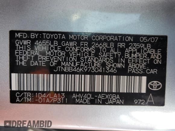 ✅ 2007 Toyota Camry • VIN: JTNBB46K973041346 • Lot: 93275275. Wystawiony na Copart z przebiegiem 185 317 mil. Bezpłatny archiwum sprzedaży aukcyjnych z USA i szczegółowy raport historii pojazdu na DreamBid. Zdjęcie 12.