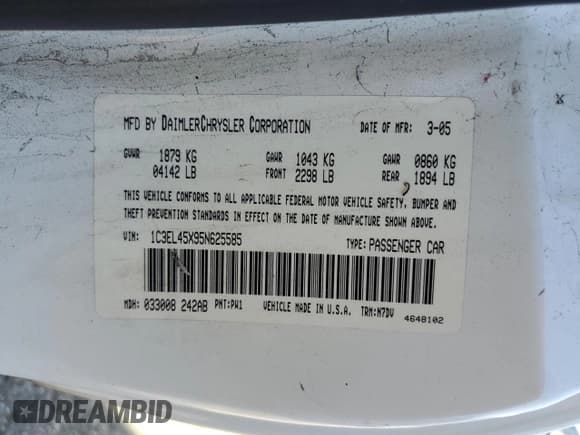 ✅ 2005 Chrysler Sebring • VIN: 1C3EL45X95N625585 • Lot: 77427224. Listed on Copart with 115,553 mi. Free auction sales archive from the USA and detailed vehicle history report at DreamBid. Image 12.