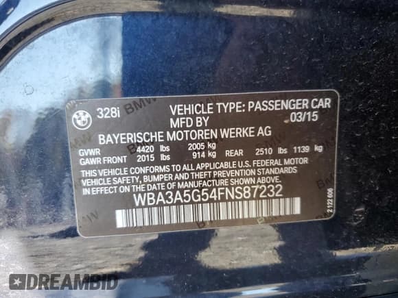 ✅ 2015 BMW 3 Series 328i • VIN: WBA3A5G54FNS87232 • Lot: 86658255. Listed on Copart with 121,483 mi. Free auction sales archive from the USA and detailed vehicle history report at DreamBid. Image 13.