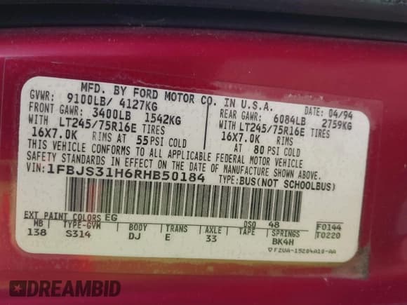 ✅ 1994 Ford Econoline Wagon Super Custom • VIN: 1FBJS31H6RHB50184 • Lot: 42017049. Listed on IAAI with 139,767 mi. Free auction sales archive from the USA and detailed vehicle history report at DreamBid. Image 9.