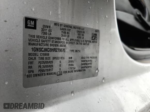 ✅ 2017 Chevrolet Suburban Premier • VIN: 1GNSCJKC8HR279676 • Lot: 89686905. Listed on Copart with Not provided. Free auction sales archive from the USA and detailed vehicle history report at DreamBid. Image 13.