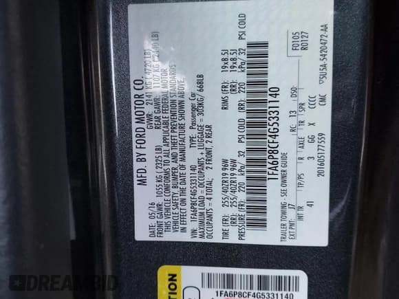 ✅ 2016 Ford Mustang GT Premium • VIN: 1FA6P8CF4G5331140 • Lot: 94629715. Listed on Copart with 61,711 mi. Free auction sales archive from the USA and detailed vehicle history report at DreamBid. Image 13.