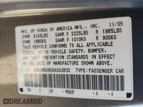 ✅ 2006 Honda Accord EX-L • VIN: 1HGCM56806A042832 • Lot: 62535365. Listed on Copart with 217,959 mi. Free auction sales archive from the USA and detailed vehicle history report at DreamBid. Image 15.