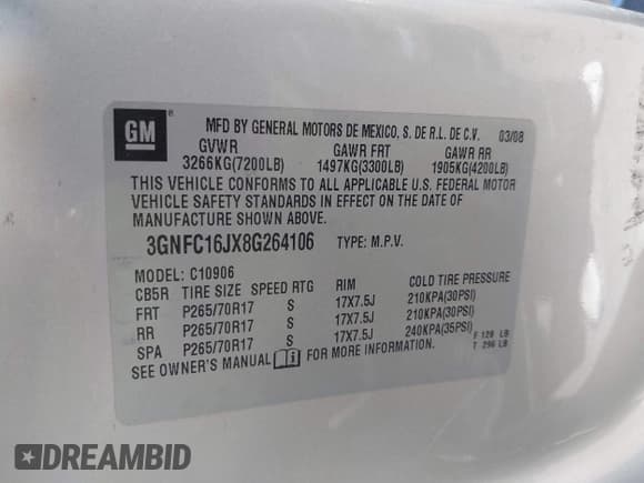 ✅ 2008 Chevrolet Suburban 3LT • VIN: 3GNFC16JX8G264106 • Lot: 42946812. Listed on IAAI with 263,774 mi. Free auction sales archive from the USA and detailed vehicle history report at DreamBid. Image 9.