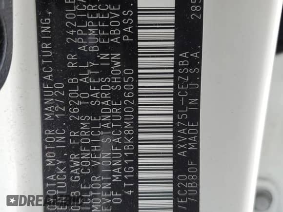 2021 Toyota Camry SE с VIN 4T1G11BK8MU026050, выставлен на аукционе Copart как лот 69176245 с пробегом 64 683 миль миль и Списание • Salvage title. История ставок и продаж доступна на DreamBid. Изображение 12.