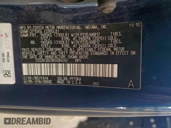 ✅ 2011 Toyota Sienna • VIN: 5TDZK3DC9BS094242 • Lot: 94259735. Listed on Copart with 189,166 mi. Free auction sales archive from the USA and detailed vehicle history report at DreamBid. Image 13.