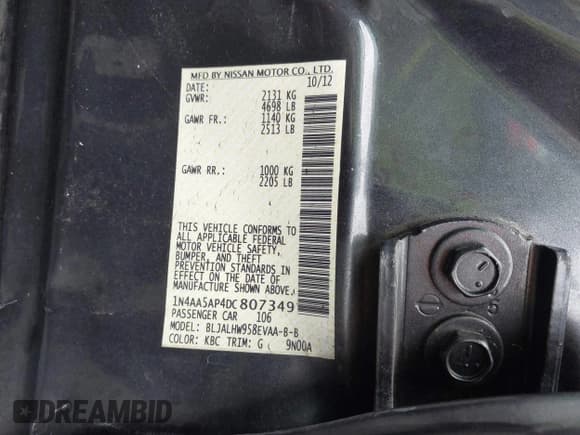 ✅ 2013 Nissan Maxima S • VIN: 1N4AA5AP4DC807349 • Lot: 43657990. Listed on IAAI with 164,161 mi. Free auction sales archive from the USA and detailed vehicle history report at DreamBid. Image 9.