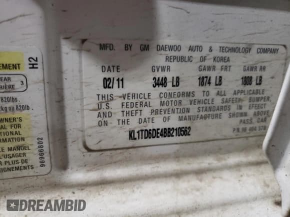 ✅ 2011 Chevrolet Aveo 1LT • VIN: KL1TD6DE4BB210562 • Lot: 48563035. Listed on Copart with 62,545 mi. Free auction sales archive from the USA and detailed vehicle history report at DreamBid. Image 15.