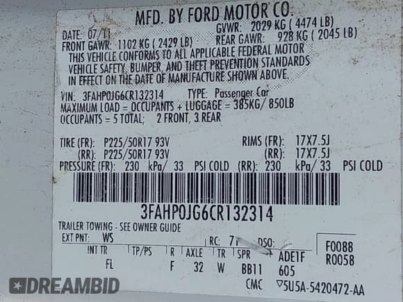 ✅ 2012 Ford Fusion SEL • VIN: 3FAHP0JG6CR132314 • Lot: 42514393. Listed on IAAI with 227,817 mi. Free auction sales archive from the USA and detailed vehicle history report at DreamBid. Image 9.