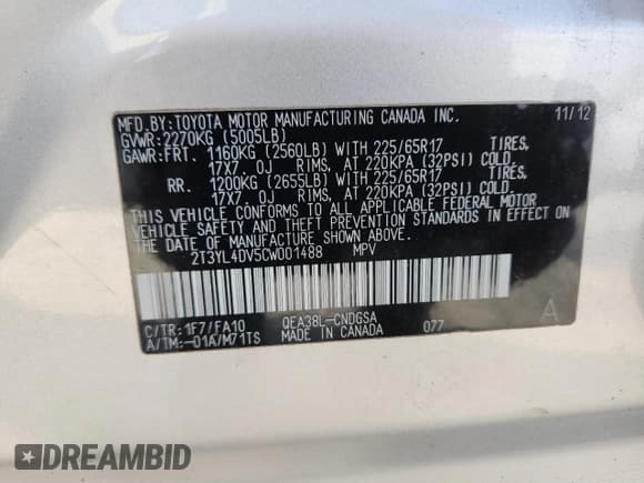 ✅ 2012 Toyota RAV4 • VIN: 2T3YL4DV5CW001488 • Лот: 84627675. Опубликован ранее на Copart с пробегом 76 369 миль. Бесплатный доступ к архиву аукционных продаж из США и подробный отчёт об истории автомобиля на DreamBid. Изображение 12.