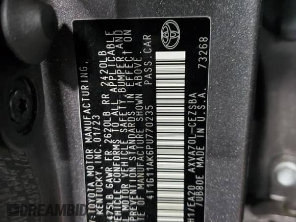 2023 Toyota Camry SE с VIN 4T1G11AK6PU770235, выставлен на аукционе Copart как лот 71582115 с пробегом 41 352 миль миль и Чистый • Clean title. История ставок и продаж доступна на DreamBid. Изображение 13.