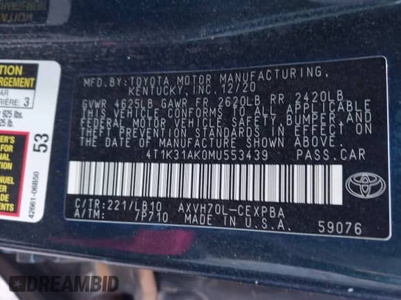 2021 Toyota Camry Hybrid XSE с VIN 4T1K31AK0MU553439, выставлен на аукционе IAAI как лот 41558012 с пробегом 105 943 миль миль и . История ставок и продаж доступна на DreamBid. Изображение 9.