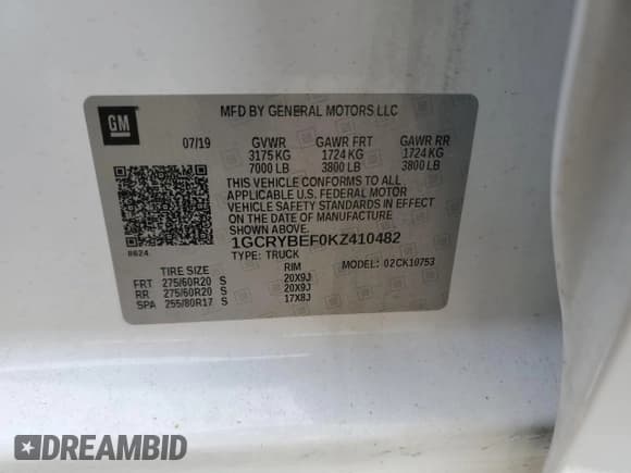 ✅ 2019 Chevrolet Silverado 1500 Custom • VIN: 1GCRYBEF0KZ410482 • Lot: 58295275. Listed on Copart with 105,934 mi. Free auction sales archive from the USA and detailed vehicle history report at DreamBid. Image 12.