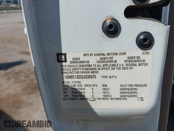 ✅ 2002 Chevrolet Tahoe LT • VIN: 1GNEC13Z32J335075 • Lot: 43088100. Listed on IAAI with 232,322 mi. Free auction sales archive from the USA and detailed vehicle history report at DreamBid. Image 9.