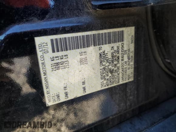 ✅ 2012 Nissan Maxima SV • VIN: 1N4AA5AP2CC862090 • Lot: 93373525. Listed on Copart with 206,767 mi. Free auction sales archive from the USA and detailed vehicle history report at DreamBid. Image 12.