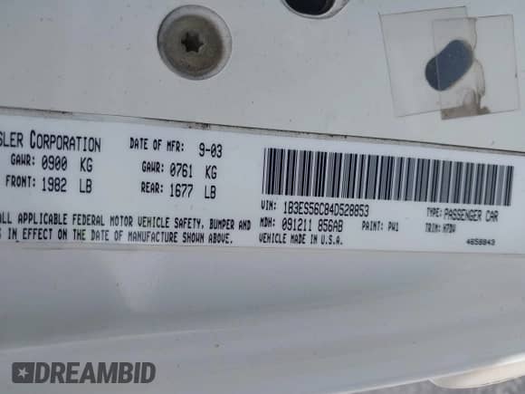 2004 Dodge Neon SXT z VIN 1B3ES56C84D528853, wystawiony jako IAAI lot #42368219 z przebiegiem 165 777 mil mil oraz . Historia ofert i sprzedaży dostępna na DreamBid. Obrazek 9.