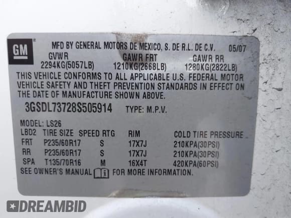 ✅ 2008 Saturn VUE XR • VIN: 3GSDL73728S505914 • Lot: 42897978. Listed on IAAI with 215,931 mi. Free auction sales archive from the USA and detailed vehicle history report at DreamBid. Image 9.