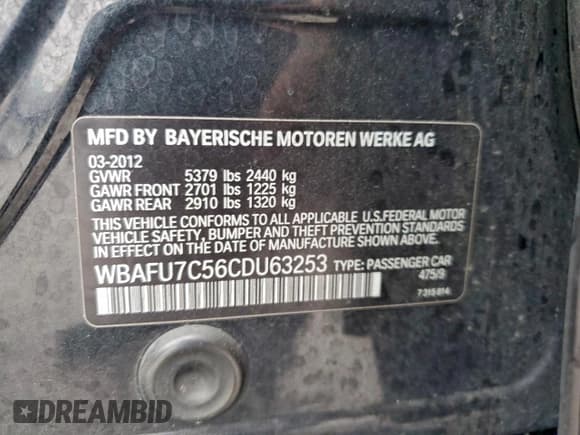 ✅ 2012 BMW 5 Series 535i xDrive • VIN: WBAFU7C56CDU63253 • Lot: 94503675. Listed on Copart with 229,138 mi. Free auction sales archive from the USA and detailed vehicle history report at DreamBid. Image 12.