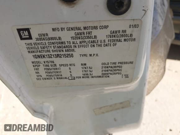 ✅ 2003 Chevrolet Tahoe Z71 • VIN: 1GNEK13Z13R215250 • Lot: 43487629. Listed on IAAI with Not provided. Free auction sales archive from the USA and detailed vehicle history report at DreamBid. Image 9.